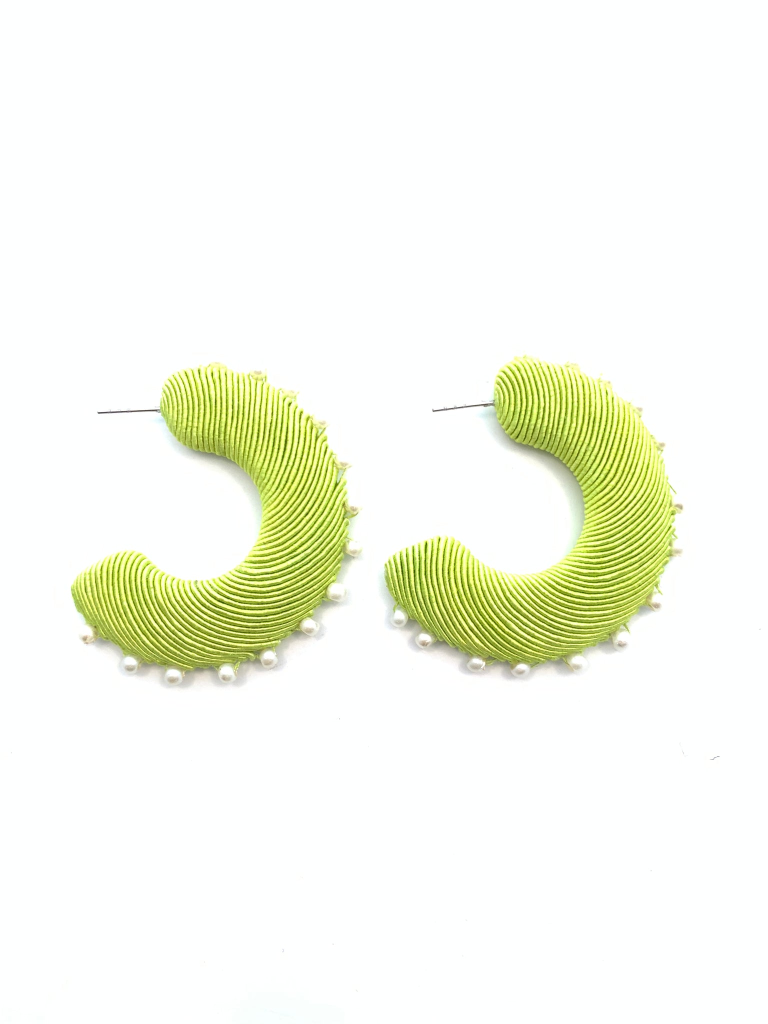 Corded Large Hoops with Pearls - Lime