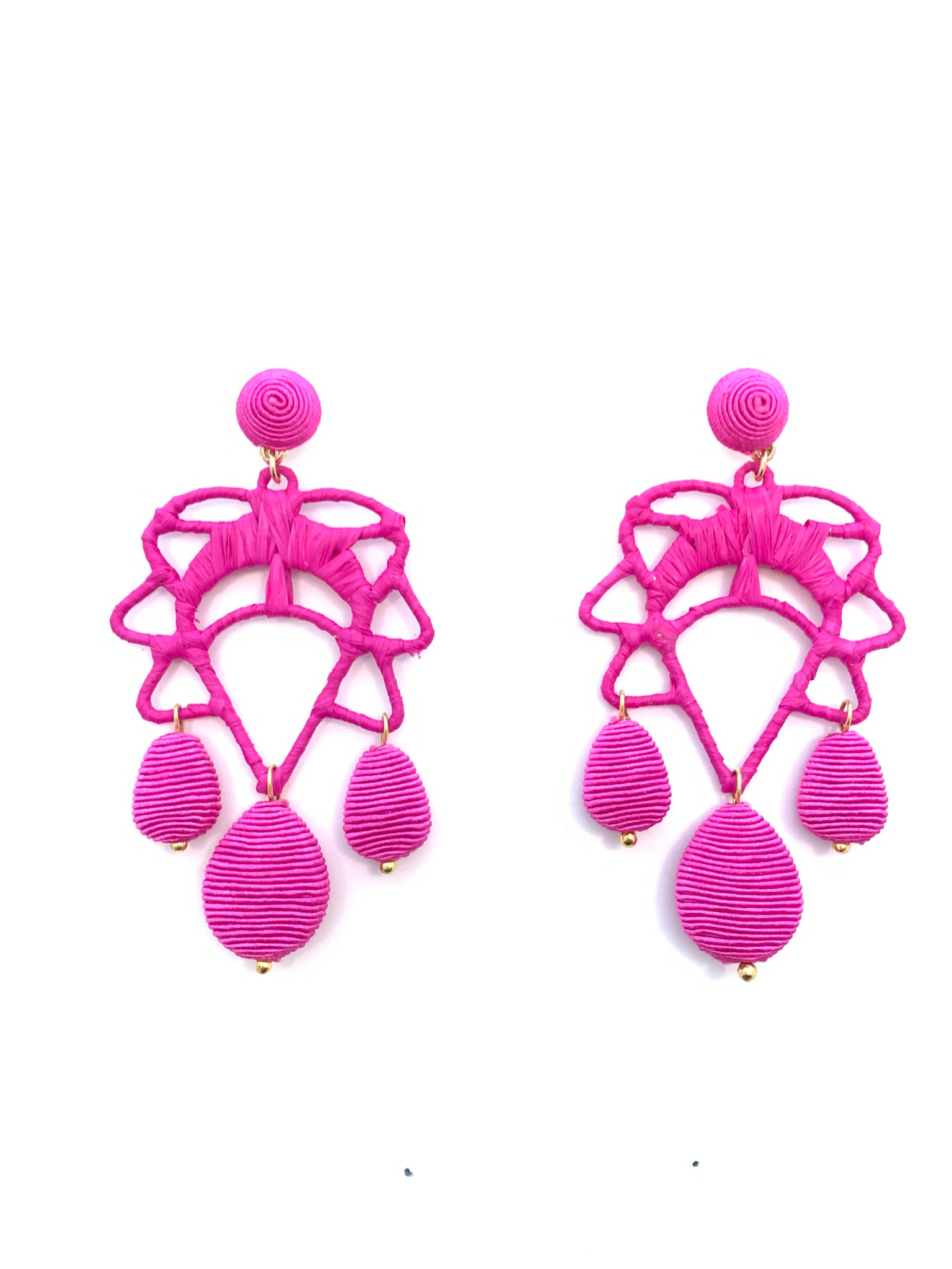 Cord and Rattan Lotus Drop Earrings - Hot Pink