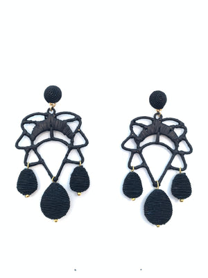 Cord and Rattan Lotus Drop Earrings - Black