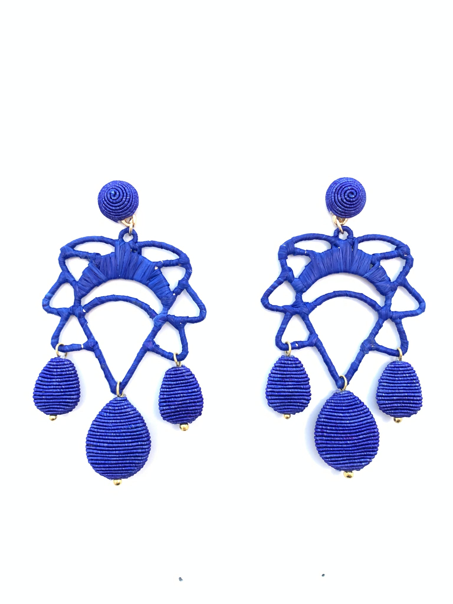 Cord and Rattan Lotus Drop Earrings - Royal Blue